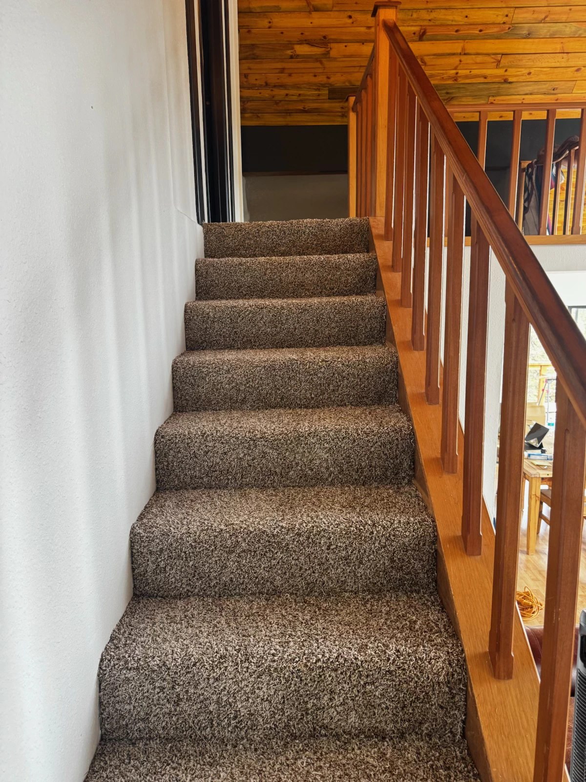 Newly installed plush carpet on a wooden staircase